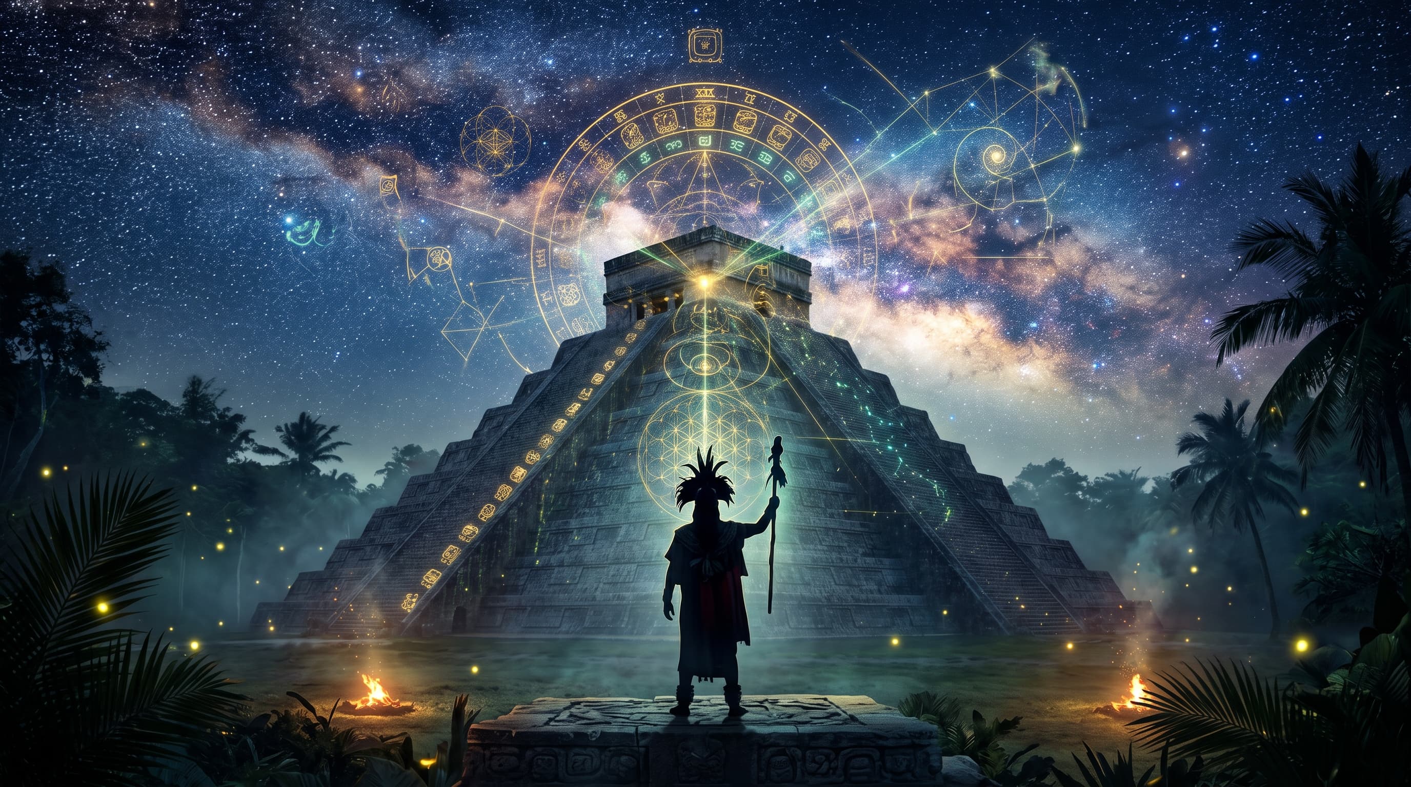 Mayan Shaman with temple mapping vertical cosmic destiny timeline