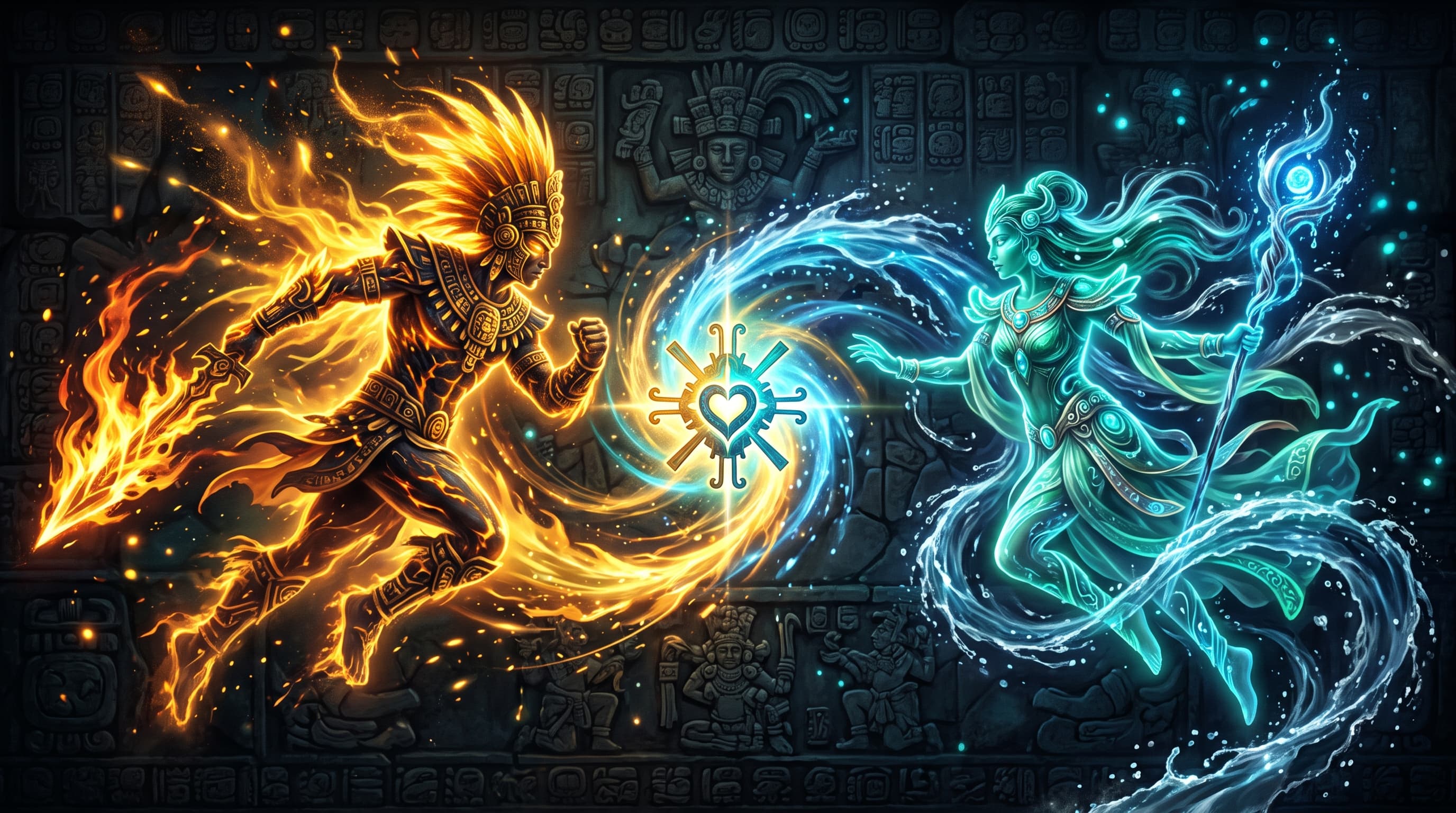 Masculine Solar Warrior and Feminine Lunar Priestess in cosmic balance