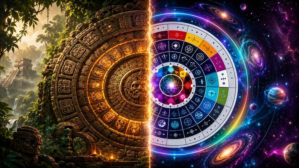 Comparison of Traditional Tzolk'in stone calendar wheel and modern Dreamspell galactic calendar wheel