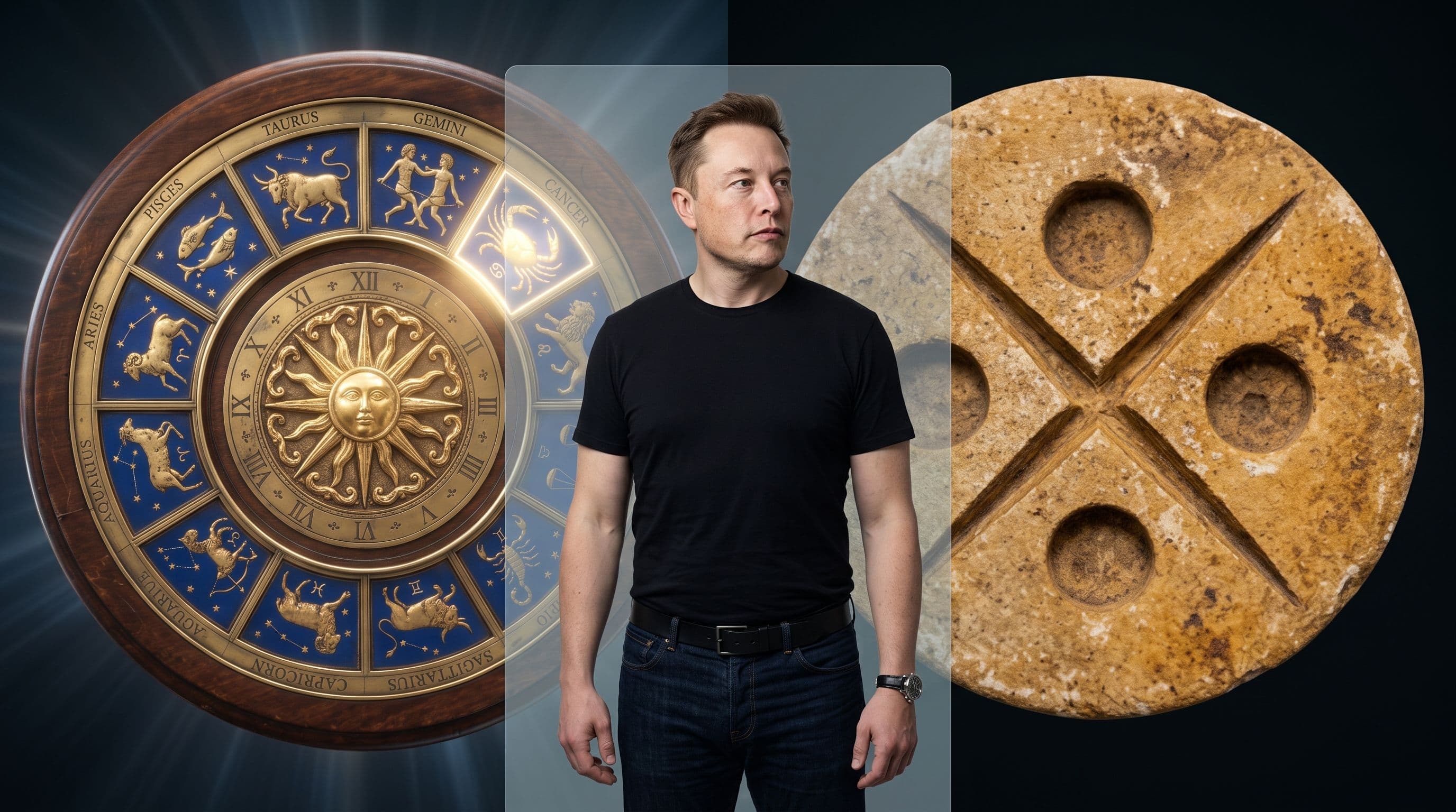 Elon Musk between a Western Zodiac wheel highlighting the Cancer sign and a Mayan glyph of day sign Lamat