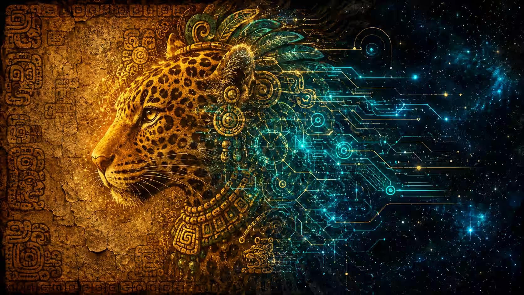 Ancient Mesoamerican artwork representing the nawal, contrasting with digital circuit elements.