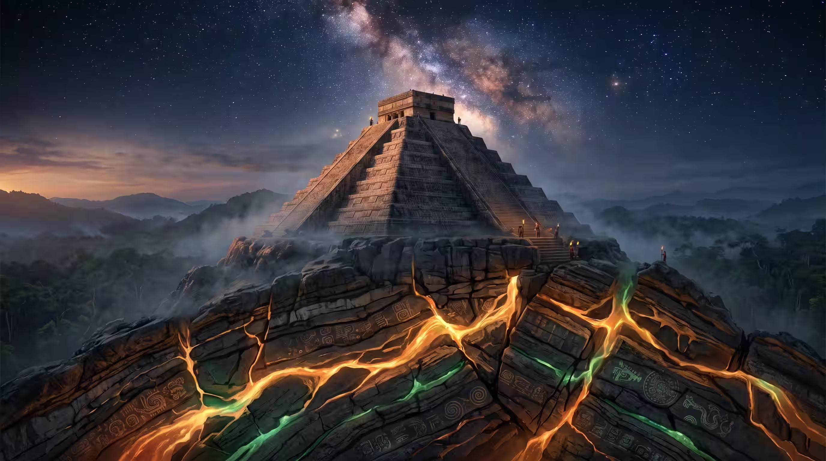 Ancient Mesoamerican glyph of Caban and seismic waves rippling across a sacred mountain landscape.