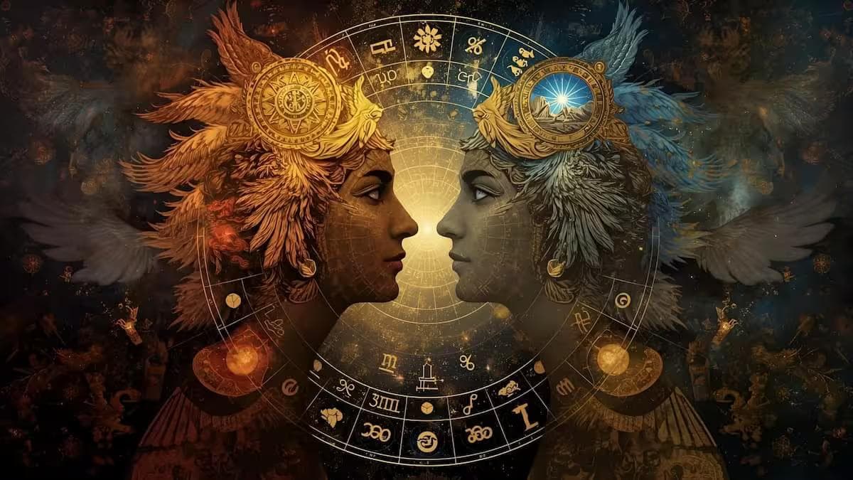 Two lovers dressed in Mayan outfits looking at each other with astronomical signs in the background