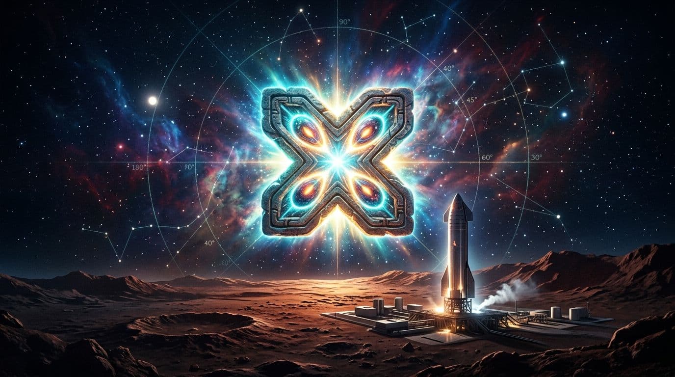Glowing ancient Mayan glyph of Lamat shaped like an 'X' radiating cosmic light above a Mars rocket base.