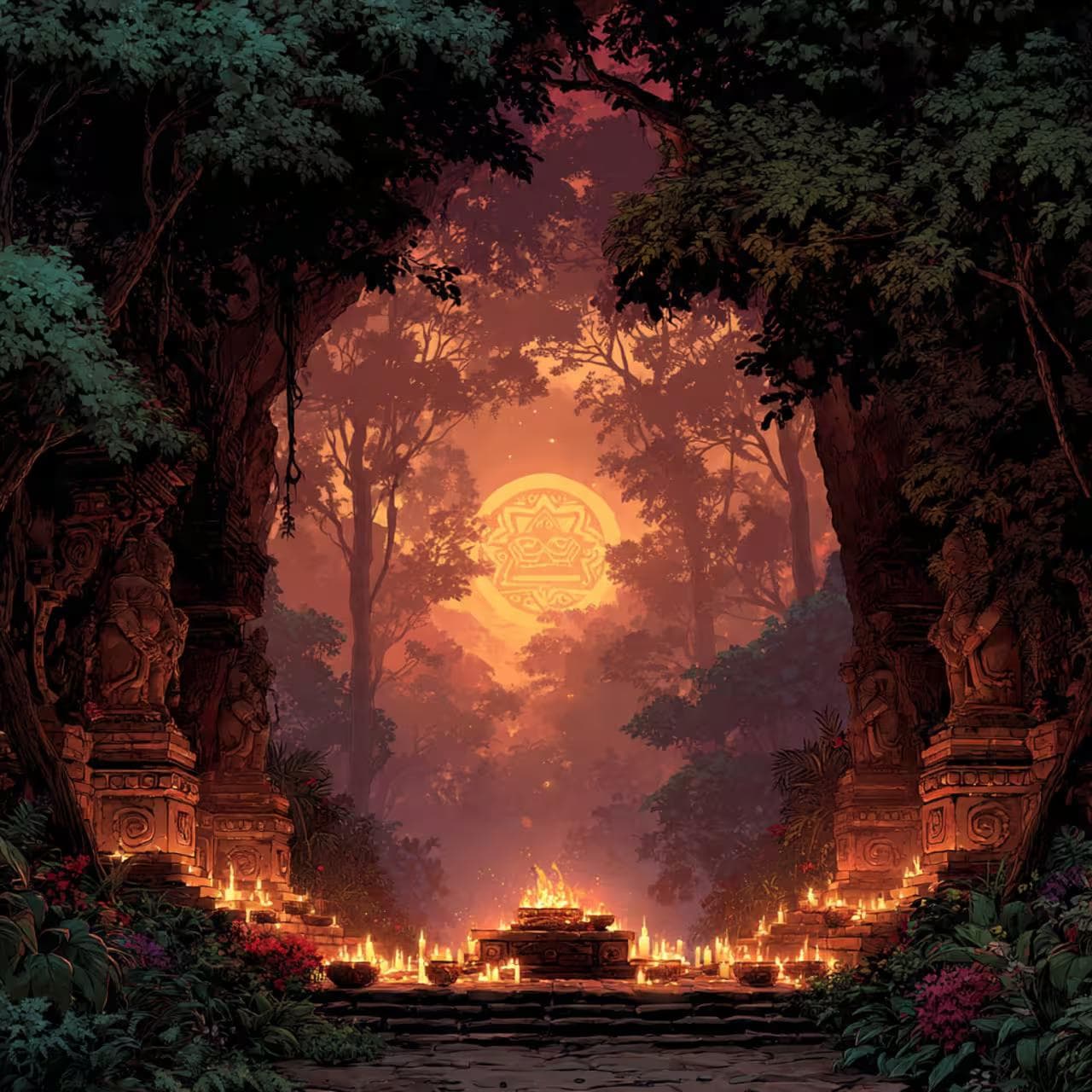 golden sunrise over mayan temple, candles lit to honor the dead, mayan astrology, sacred wisdom