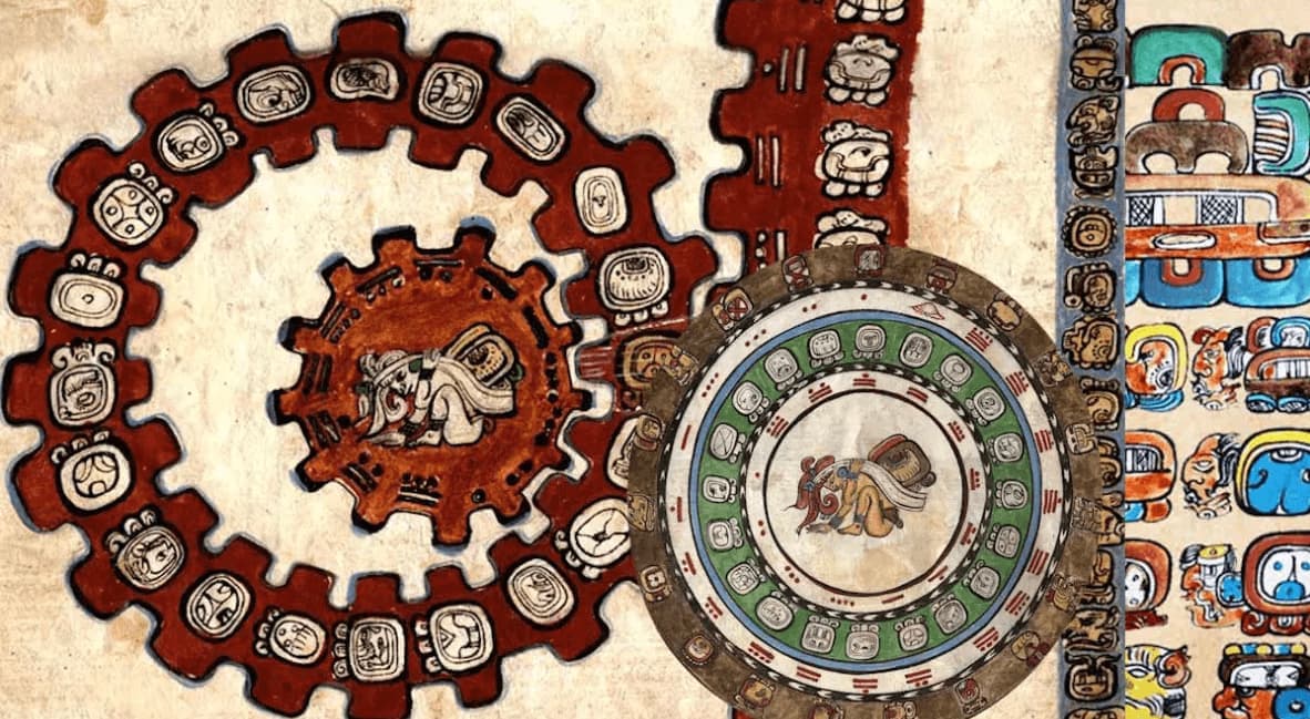 Interlocking wheels representing the intersection of the day signs with the numbers in Mayan astrology.