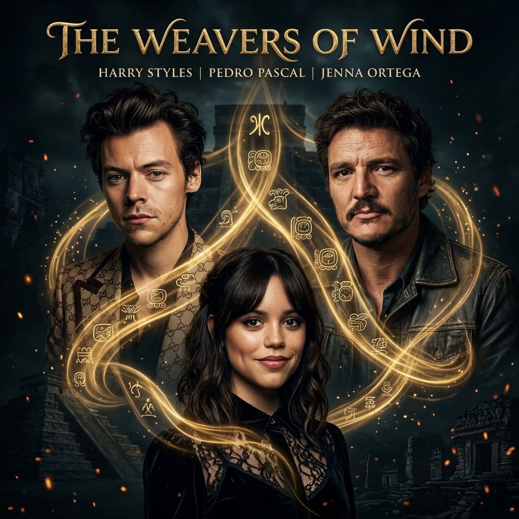 Mystical digital collage featuring the faces of Harry Styles, Pedro Pascal, and Jenna Ortega connected by swirling golden Mayan 'Wind' energy and sacred Tzolkin symbols on a dark, cinematic background.